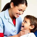 **

A dental hygienist smiling and interacting warmly with a young child patient in a brightly lit dental clinic. Focus on creating a sense of trust and calm, contrasting with the child's initial fear.

**
