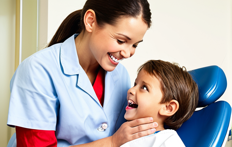 **
A dental hygienist smiling and interacting warmly with a young child patient in a brightly lit dental clinic. Focus on creating a sense of trust and calm, contrasting with the child's initial fear.
**