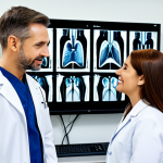 A professional dental hygienist and a general physician are collaboratively reviewing a patient's digital health records on a large screen in a bright, modern clinic. The hygienist, fully clothed in a modest professional uniform, points to an area on a dental scan, while the physician, dressed in appropriate medical attire, listens attentively, taking notes. The scene emphasizes teamwork and integrated patient care. The background is a clean, well-lit medical office with subtle modern decor. perfect anatomy, correct proportions, natural pose, well-formed hands, proper finger count, natural body proportions, safe for work, appropriate content, fully clothed, professional, high quality.