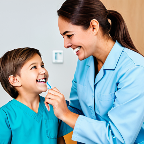 Home 8 **
A smiling dental hygienist in a fully clothed, professional uniform, demonstrating proper brushing technique to a young child in a bright and cheerful dental office. Safe for work, appropriate content, modest, family-friendly. Perfect anatomy, correct proportions, natural pose, well-formed hands, proper finger count, natural body proportions.
**