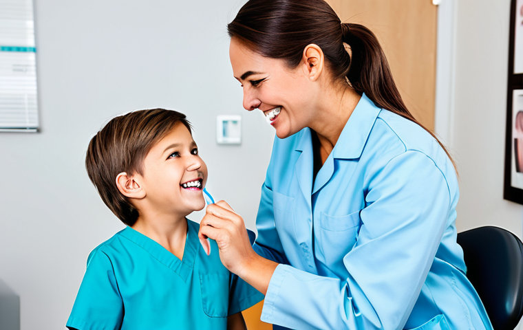 **
A smiling dental hygienist in a fully clothed, professional uniform, demonstrating proper brushing technique to a young child in a bright and cheerful dental office. Safe for work, appropriate content, modest, family-friendly. Perfect anatomy, correct proportions, natural pose, well-formed hands, proper finger count, natural body proportions.
**