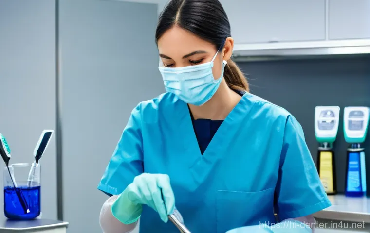 치과위생사 치과 기구 관리법 - **Prompt 1: Meticulous Initial Cleaning of Dental Instruments**
    "A highly detailed, realistic im...
