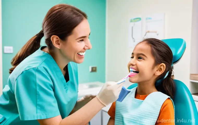 치과위생사 환자 심리 이해하기 - **Prompt:** A compassionate female dental hygienist, dressed in clean, light blue scrubs, is gently ...