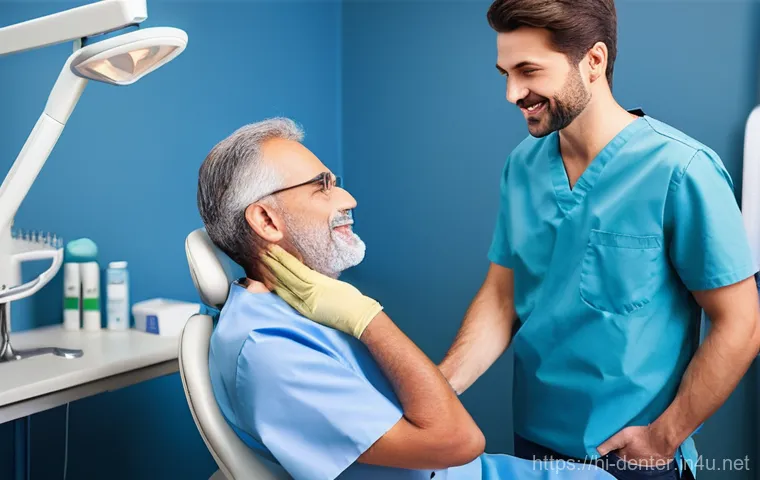 치과위생사 환자 심리 이해하기 - **Prompt:** A compassionate female dental hygienist, dressed in clean, light blue scrubs, is gently ...