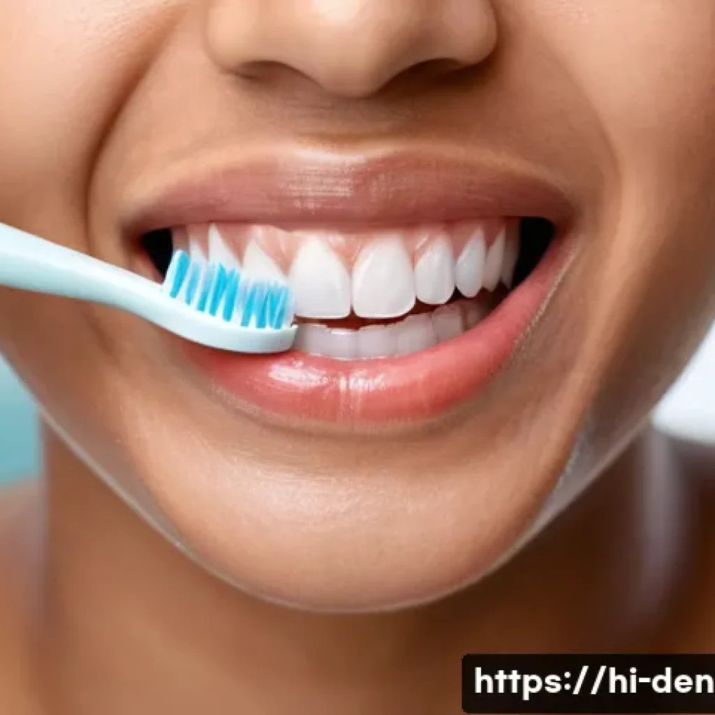 치과위생사 치주 관리 사례 - A close-up, realistic illustration of a young Indian adult gently brushing their teeth using a soft-...