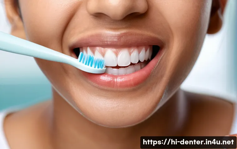 치과위생사 치주 관리 사례 - A close-up, realistic illustration of a young Indian adult gently brushing their teeth using a soft-...