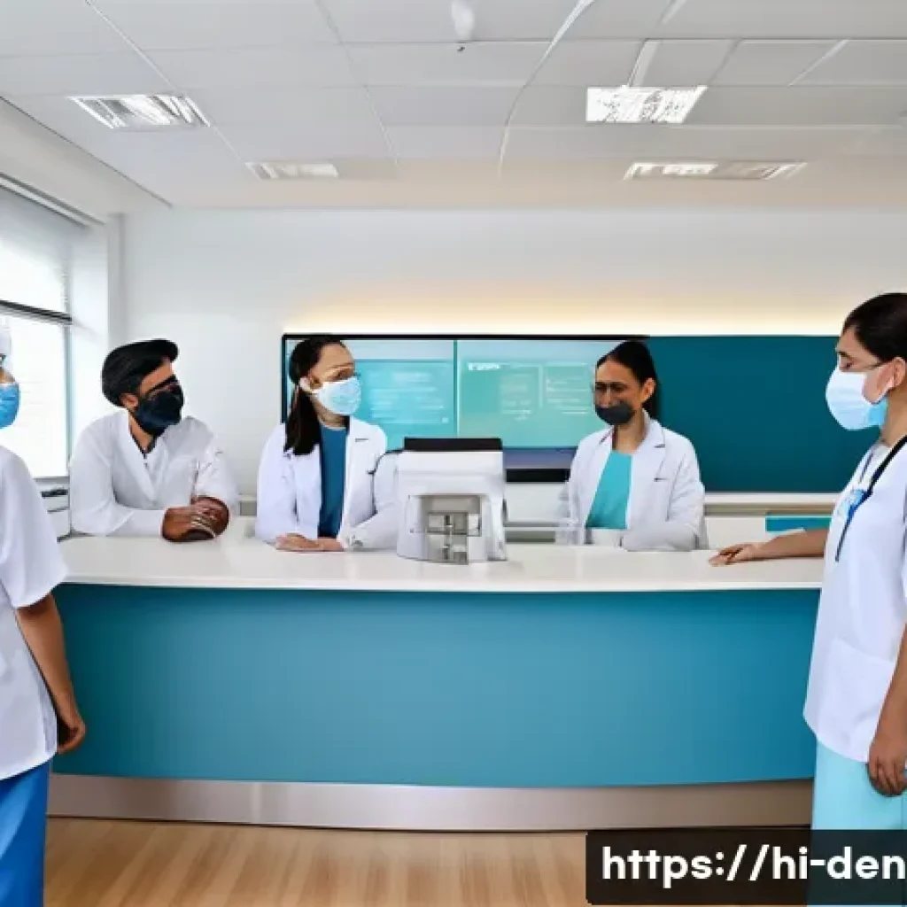 치과위생사로서 중요한 리더십 스킬 - A modern dental clinic scene showing a diverse team of dental hygienists and dentists communicating ...