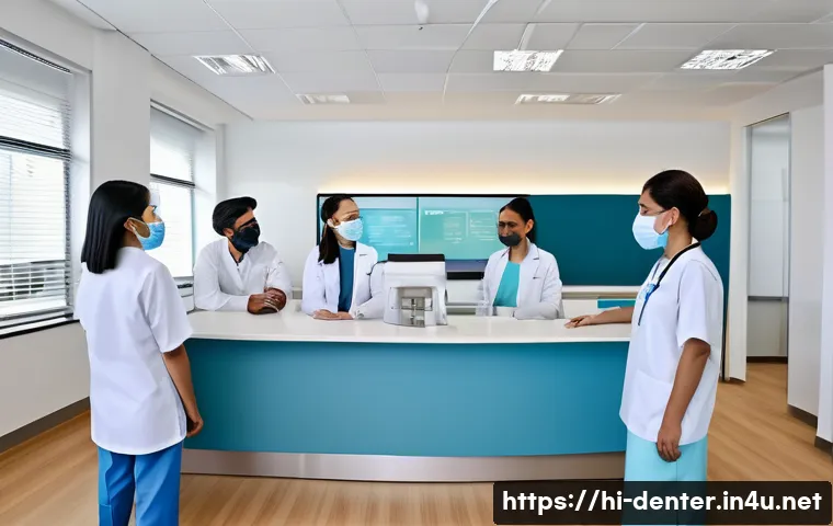치과위생사로서 중요한 리더십 스킬 - A modern dental clinic scene showing a diverse team of dental hygienists and dentists communicating ...