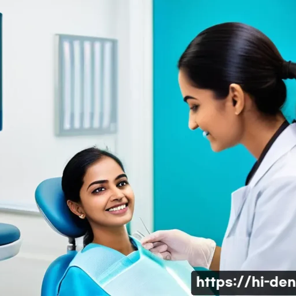 치과위생사 자격 취득 후 성장 계획 - A professional Indian dental hygienist in a modern clinic setting, wearing clean, professional attir...