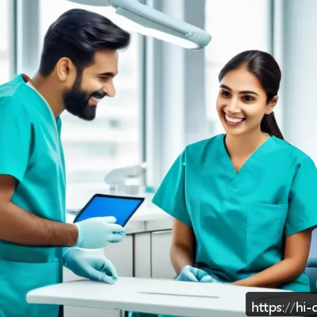 치과위생사 직장 내 팀워크 유지법 - A diverse dental team in a modern clinic engaged in a lively daily meeting around a large table, sho...
