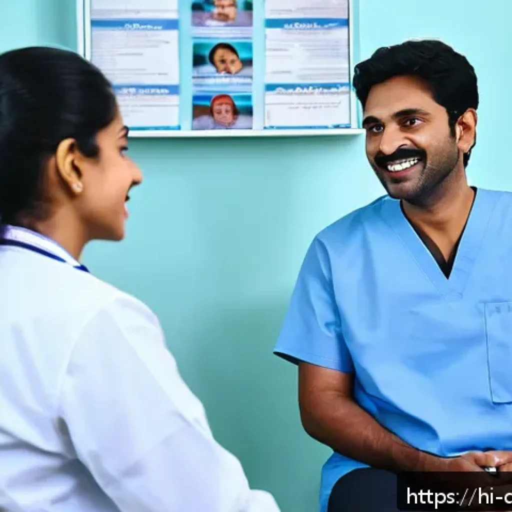 치과위생사 환자 응대 방법 - A compassionate dental hygienist attentively listening to a middle-aged Hindi-speaking patient in a ...