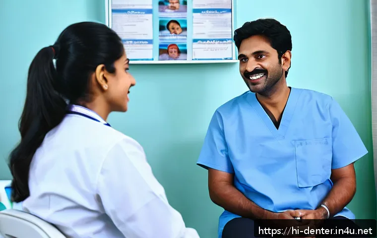 치과위생사 환자 응대 방법 - A compassionate dental hygienist attentively listening to a middle-aged Hindi-speaking patient in a ...