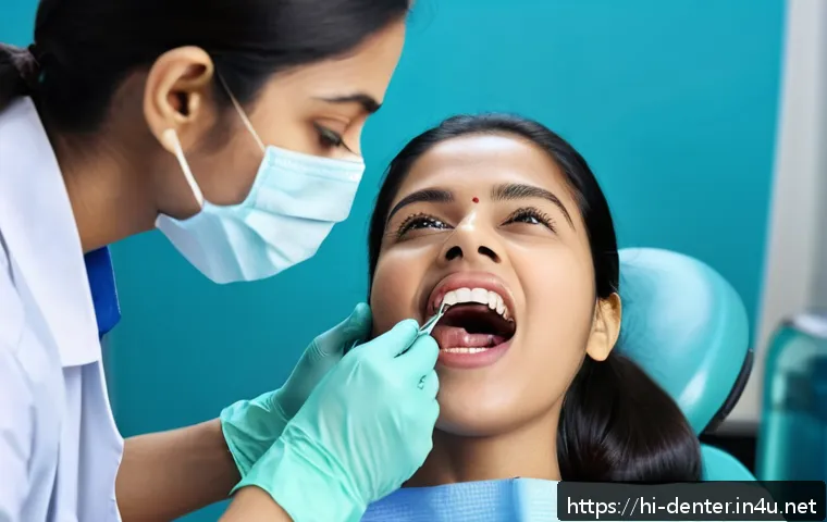치과위생사 필수 중점 과목 정리 - A detailed, realistic close-up of a dental hygienist examining a patient&rsquo;s mouth with professional t...