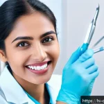 치과위생사 면접 성공 팁 - A professional Indian dental hygienist in a clean, well-lit dental clinic setting, wearing a white c...