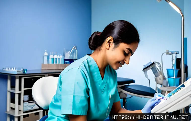 치과위생사 야간 근무의 장단점 - Photorealistic Indian dental hygienist in clean professional scrubs preparing a quiet modern dental ...