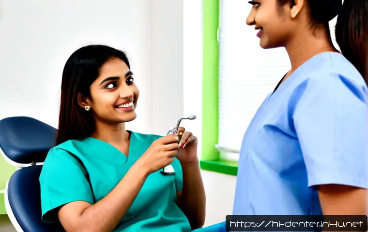 치과위생사 환자 관리 사례 - Photorealistic dental clinic consultation, Indian female dental hygienist in clean professional scru...